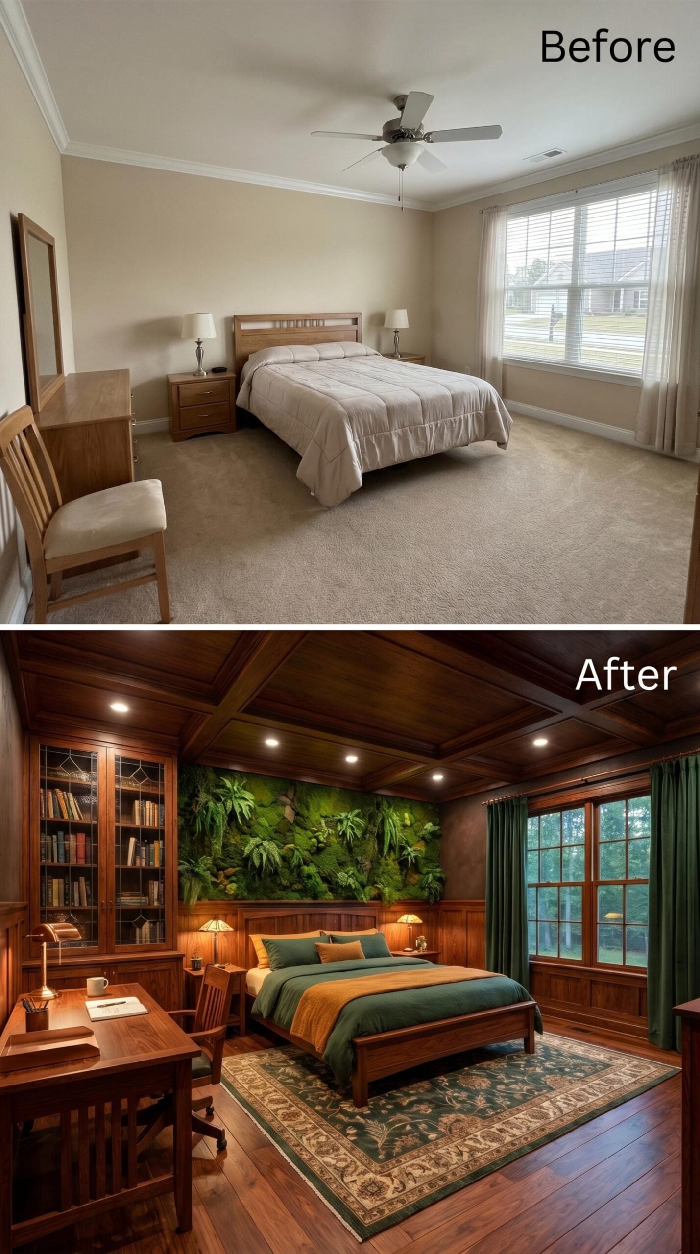 Dark Walnut Coffered Ceiling, Living Wall Headboard, and a Craftsman Desk That Logs the Hours