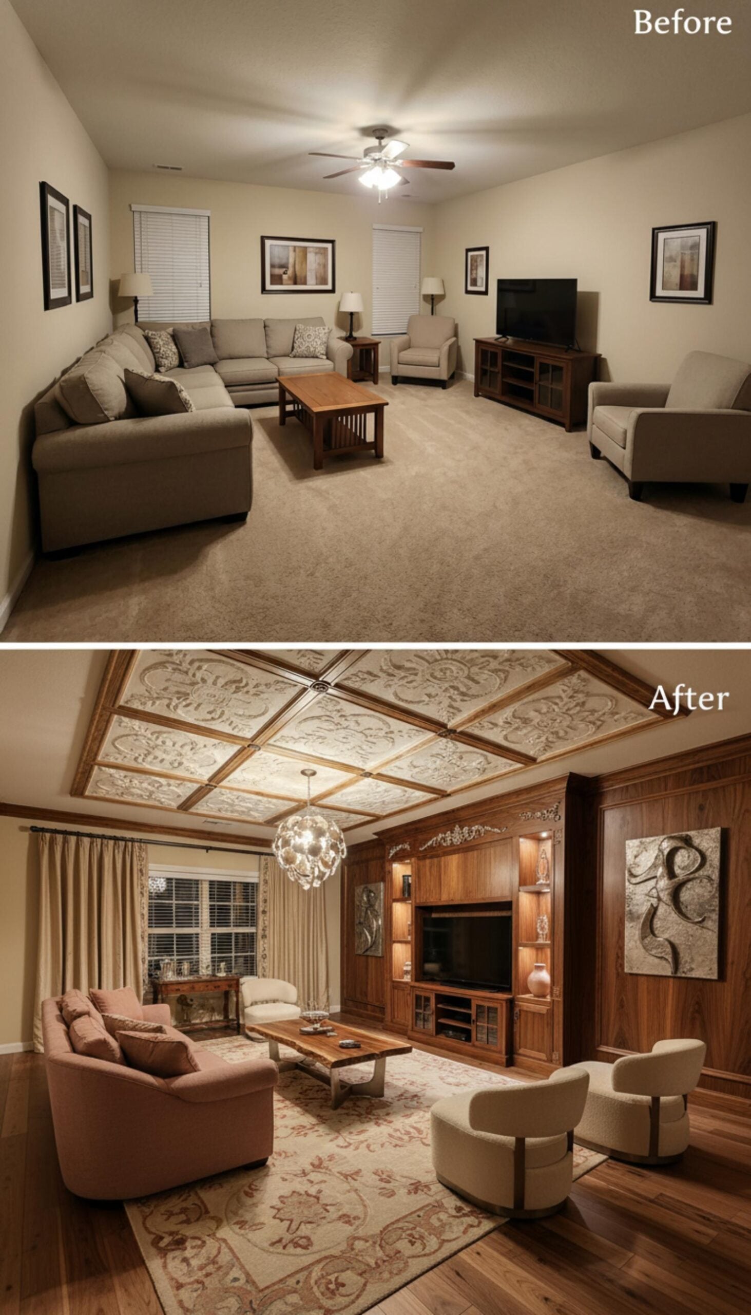 Ornate Tin Ceiling Panels, a Live-Edge Coffee Table, and Walnut Built-Ins Worth the Investment
