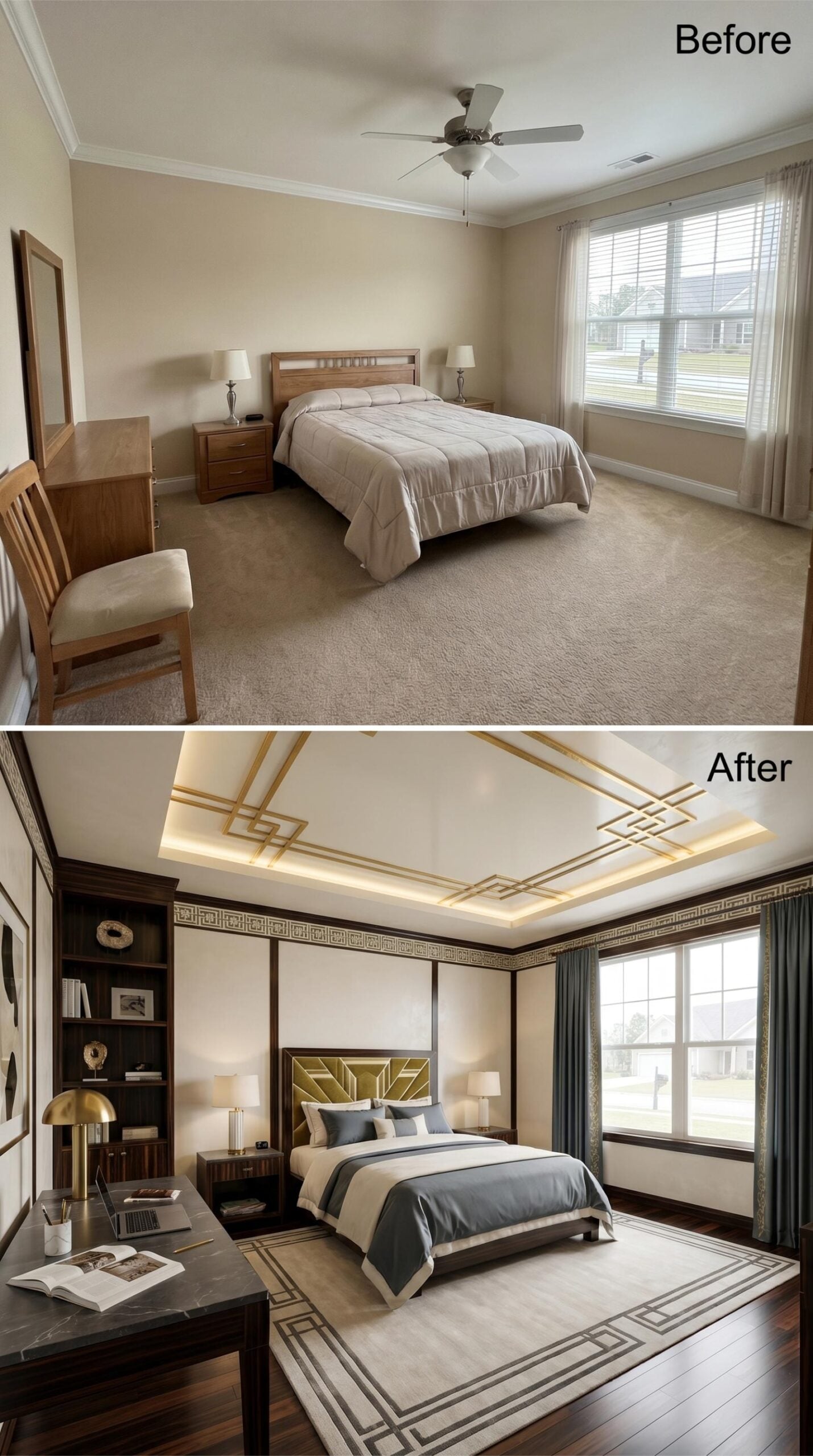 Gold Geometric Ceiling, Dark Walnut Millwork, and a Desk That Means Business