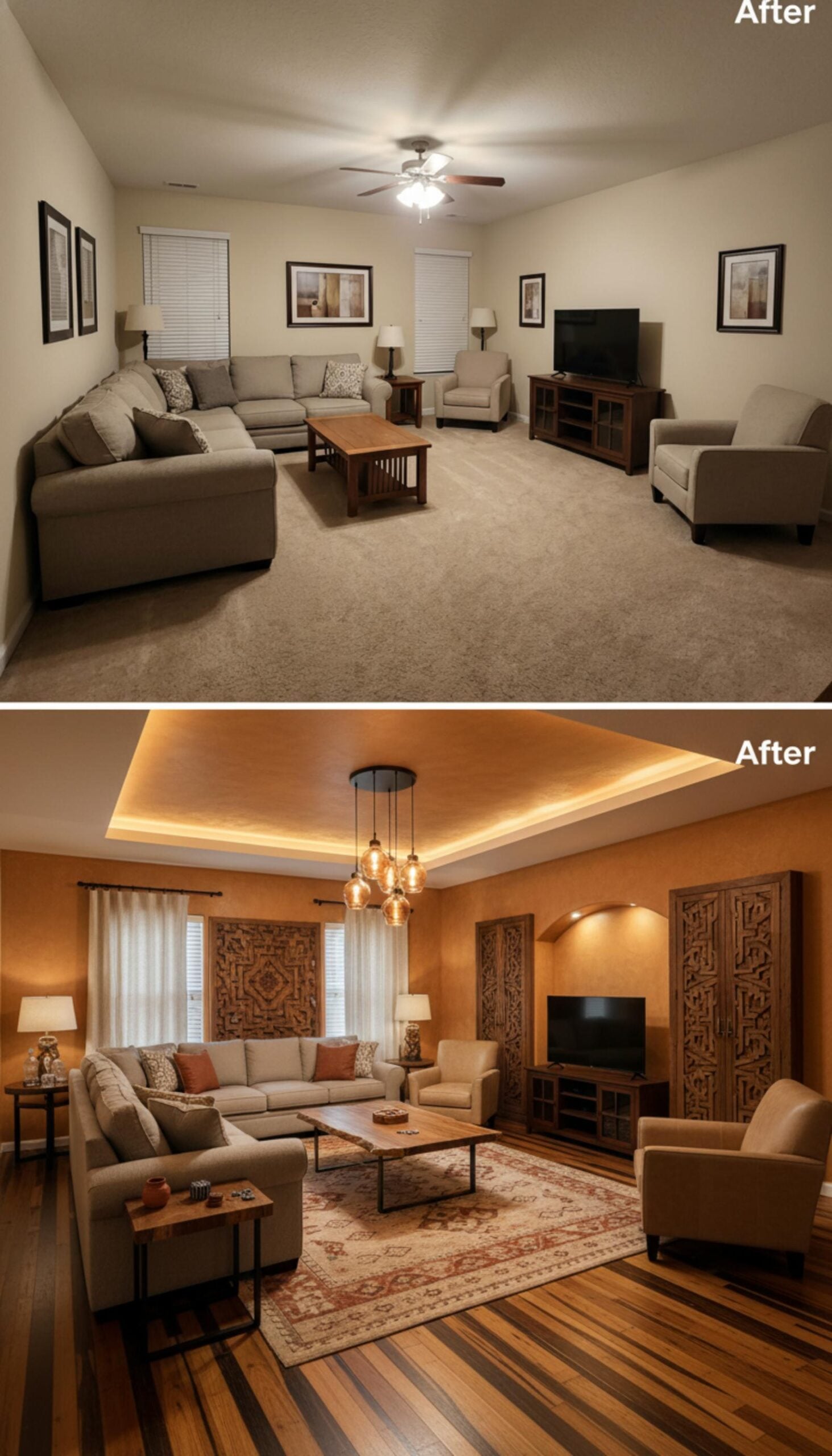 Tray Ceiling LED Strip, Amber Wall Color, and Carved Wood Panels That Set the Tone