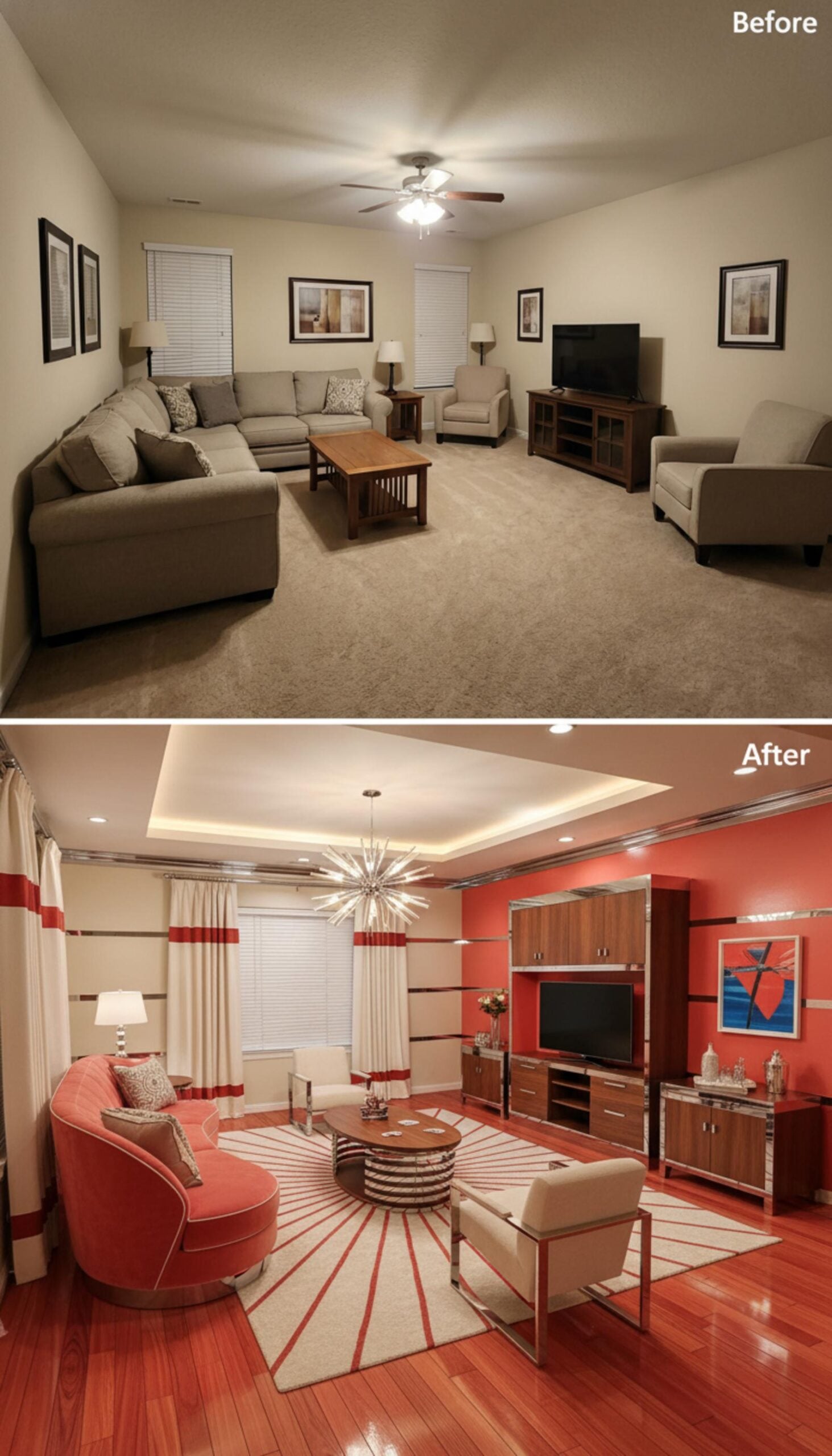 Red Walls, a Sputnik Pendant, and Walnut Built-Ins That Mean Poker Night Business