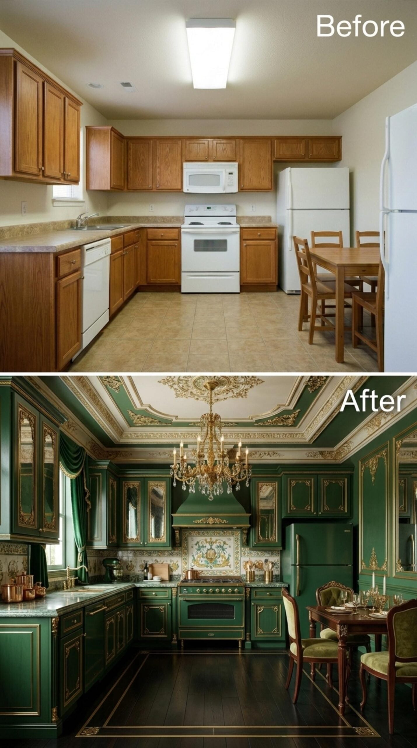 Emerald Cabinetry, Gold Molding, and a Chandelier That's Not Kidding Around