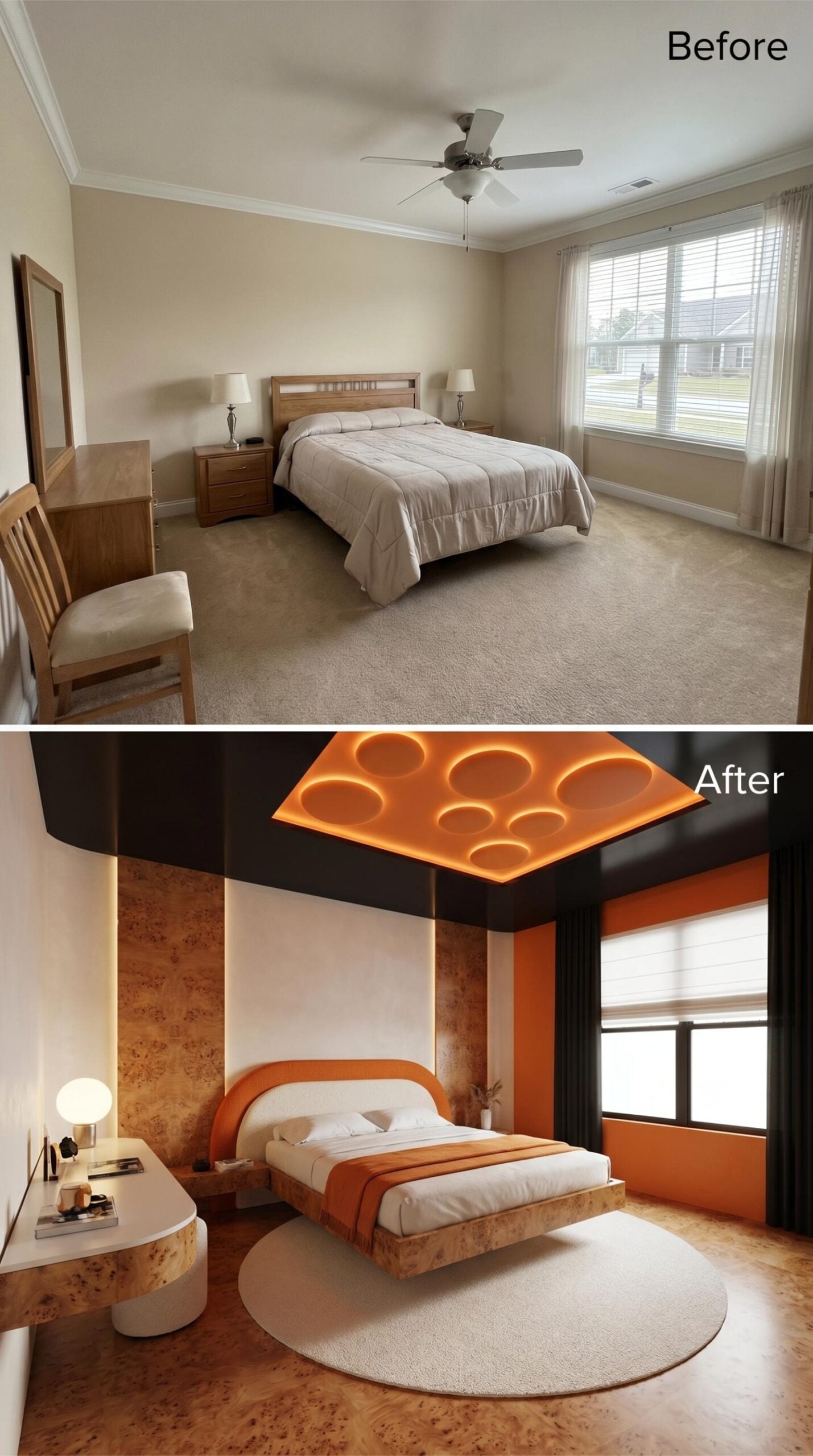 Bubbled Ceiling Cutouts, Burl Wood Panels, and an Orange Accent Wall That Means It