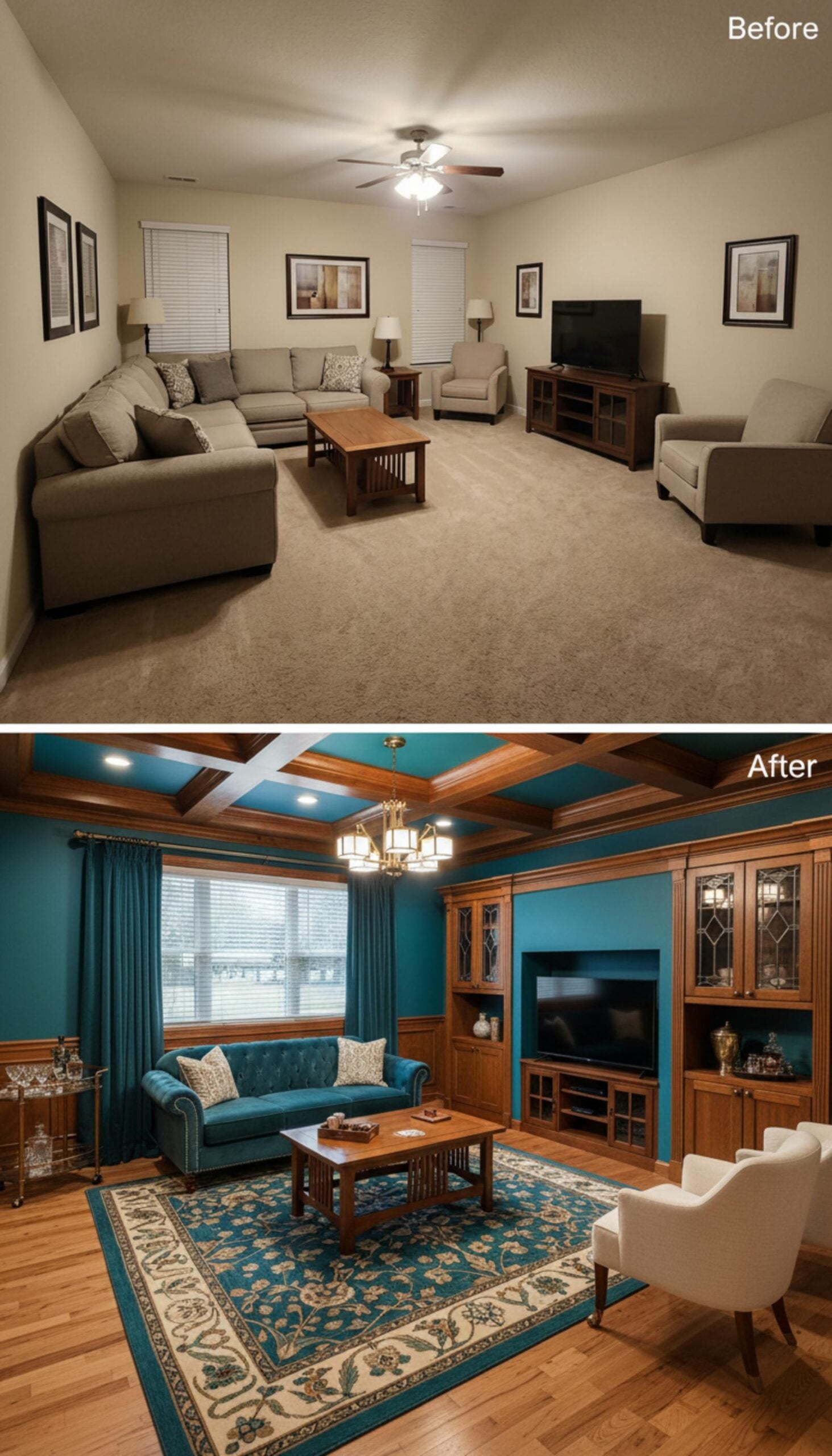 Teal Coffered Ceiling, Walnut Built-Ins, and a Velvet Sofa That Sets the Tone