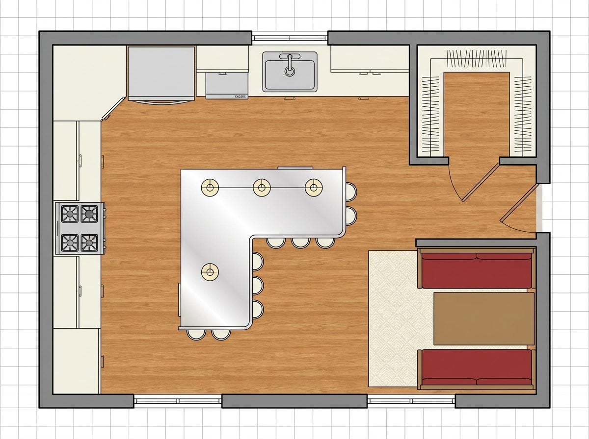 Wraparound Diner Counter with Corner Walk-In Pantry and Booth Seating