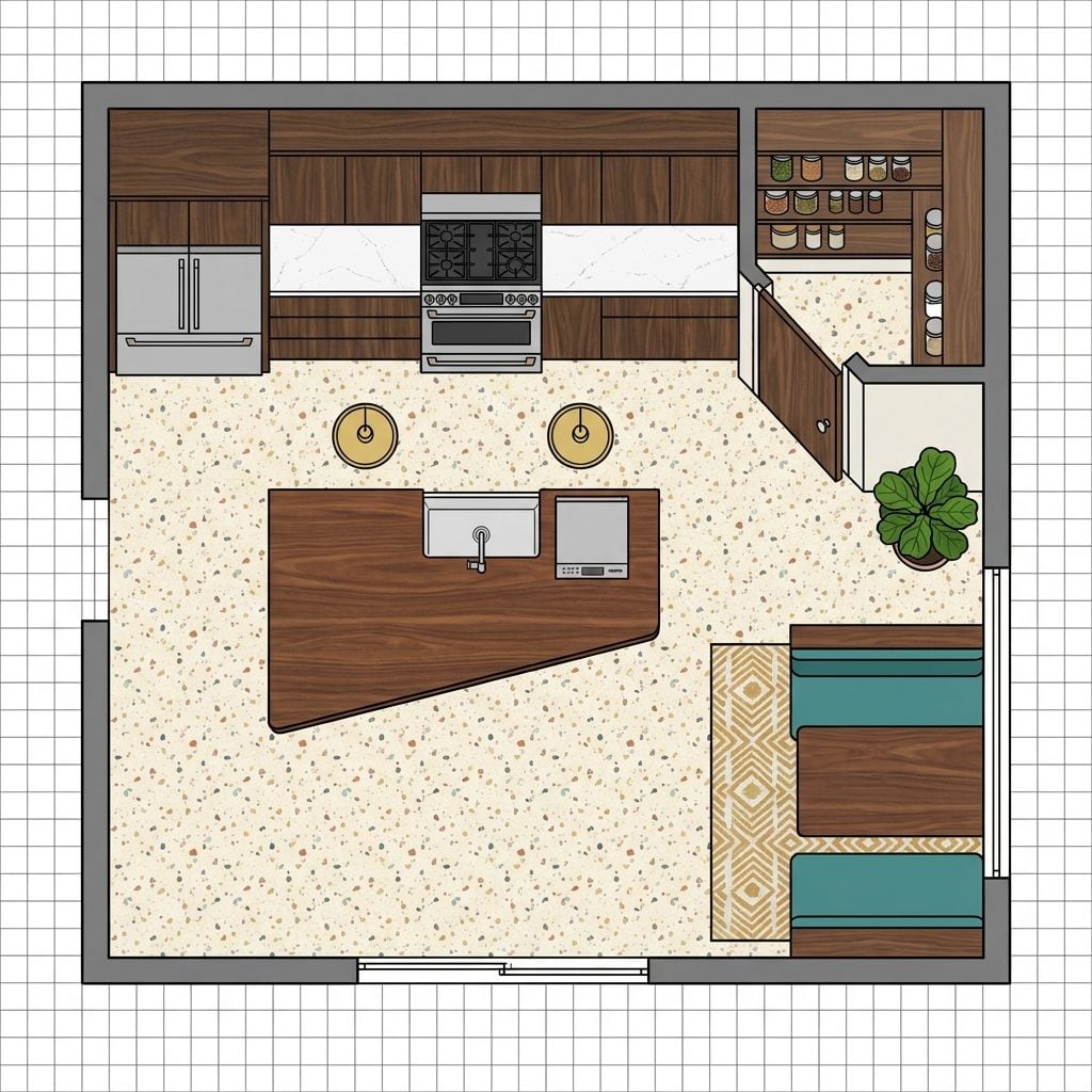 Mid-Century Walnut Kitchen with Butterfly Island, Hidden Pantry Behind Pivot Door, and Vinyl Booth