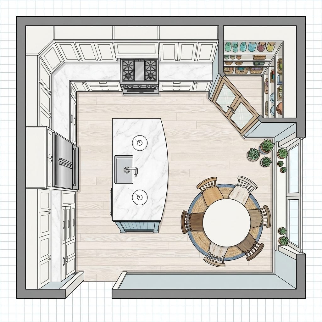 Coastal White Kitchen with Surfboard Island, Glass-Front Pantry Room, and Round Diner Table