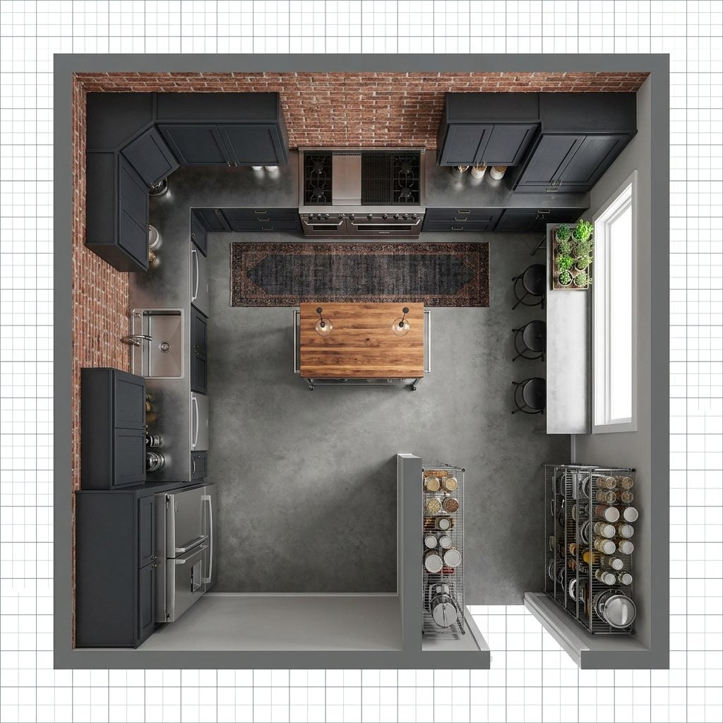 Industrial Brick Kitchen with Steel-Framed Island Cart, Butler's Pantry Passage, and Counter-Height Diner Rail