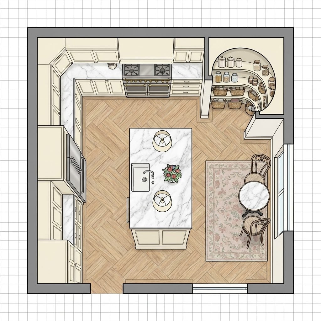 French Provincial Kitchen with Marble-Topped Island, Arched Pantry Alcove, and Café Bistro Table