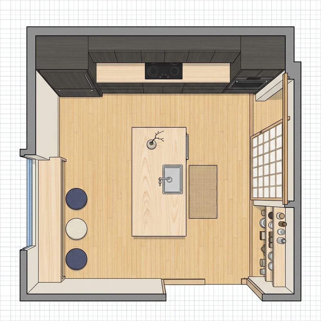 Japanese-Inspired Minimalist Kitchen with Hinoki Island, Sliding Shoji Pantry Screen, and Low Diner Counter