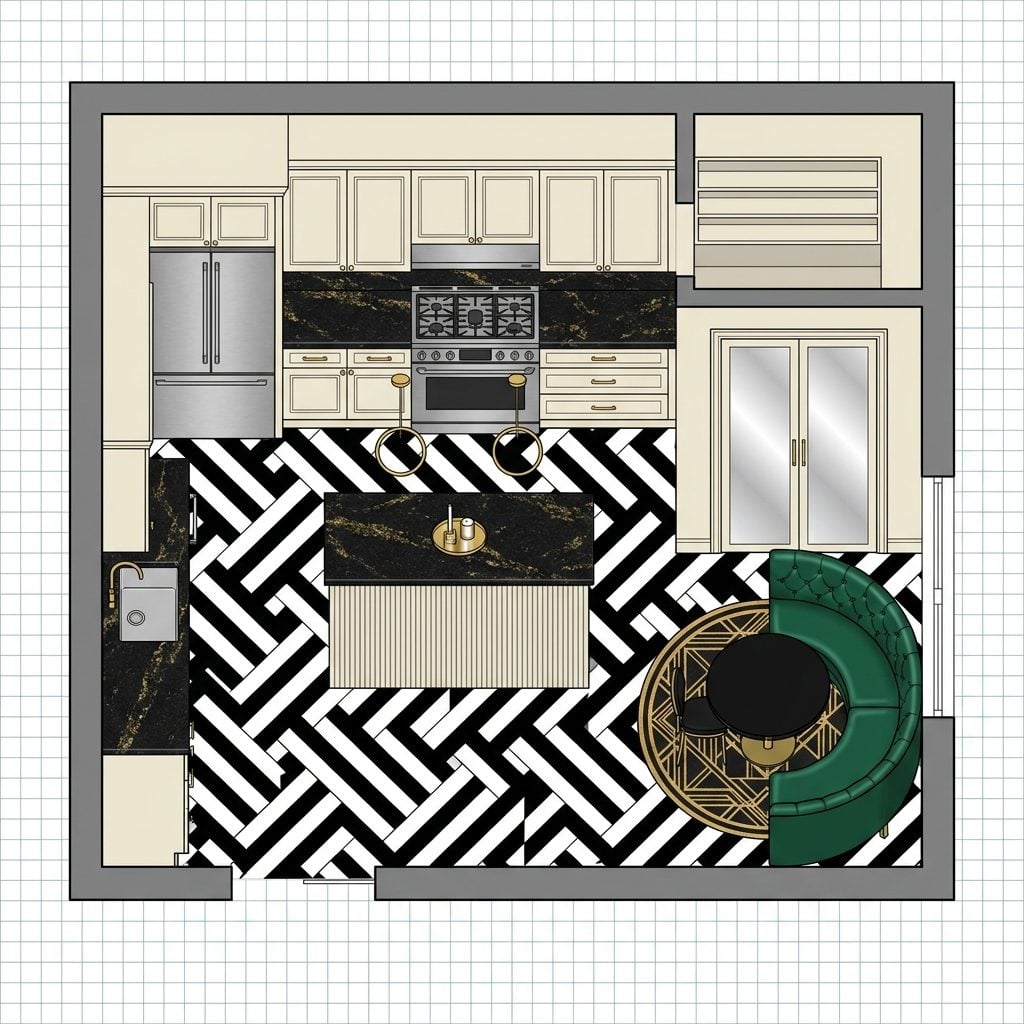 Art Deco Kitchen with Fluted Island, Mirrored Pantry Doors, and Emerald Leather Banquette