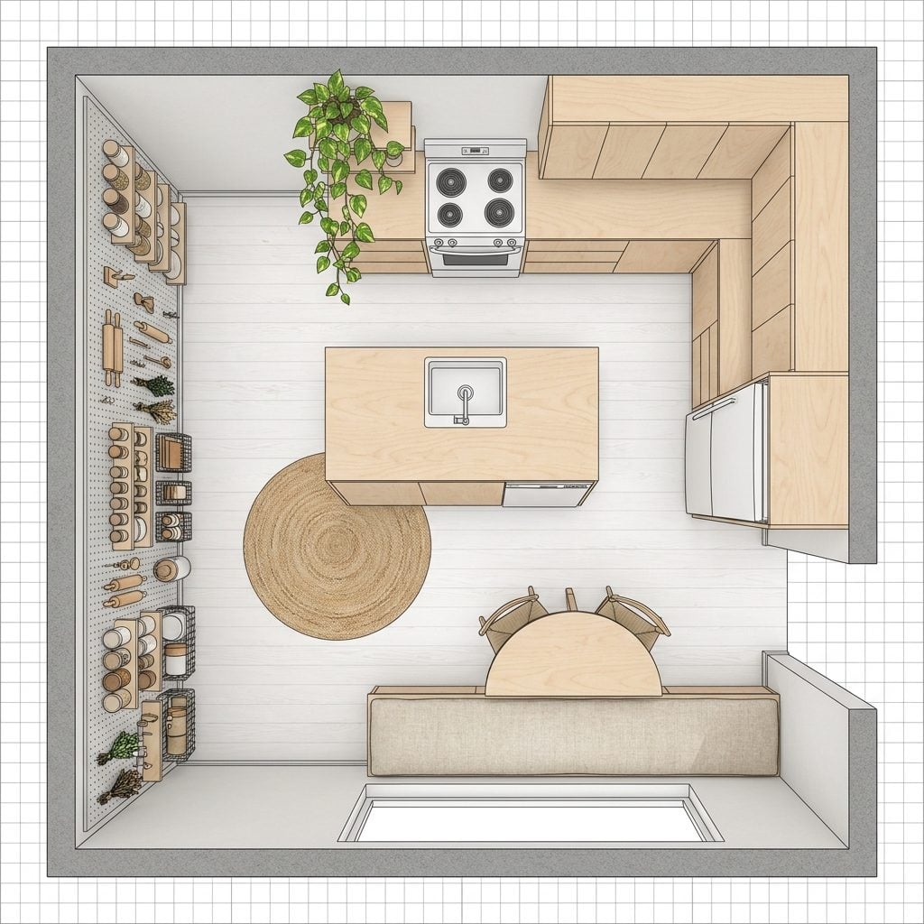 Scandinavian Plywood Kitchen with Waterfall Island, Pegboard Pantry Wall, and Window Bench Diner
