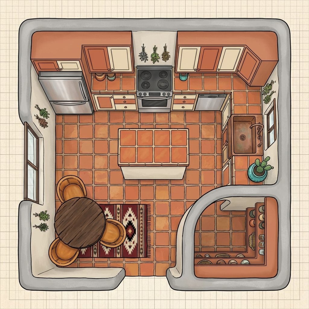 Southwest Adobe Kitchen with Terracotta Island, Arched Walk-In Pantry, and Equipale Chair Dining Nook