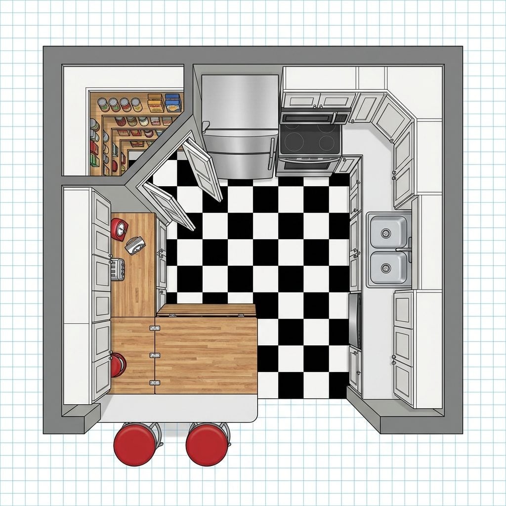 Compact U-Shaped Kitchen with Pocket Pantry, Fold-Down Island, and Two-Seat Retro Diner Counter