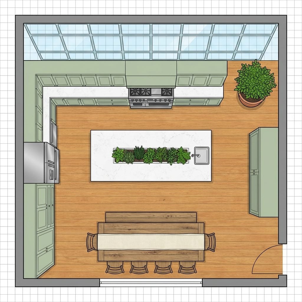 Double-Height Greenhouse Kitchen with Central Herb Island, Climate-Controlled Pantry Closet, and Trestle Diner Table