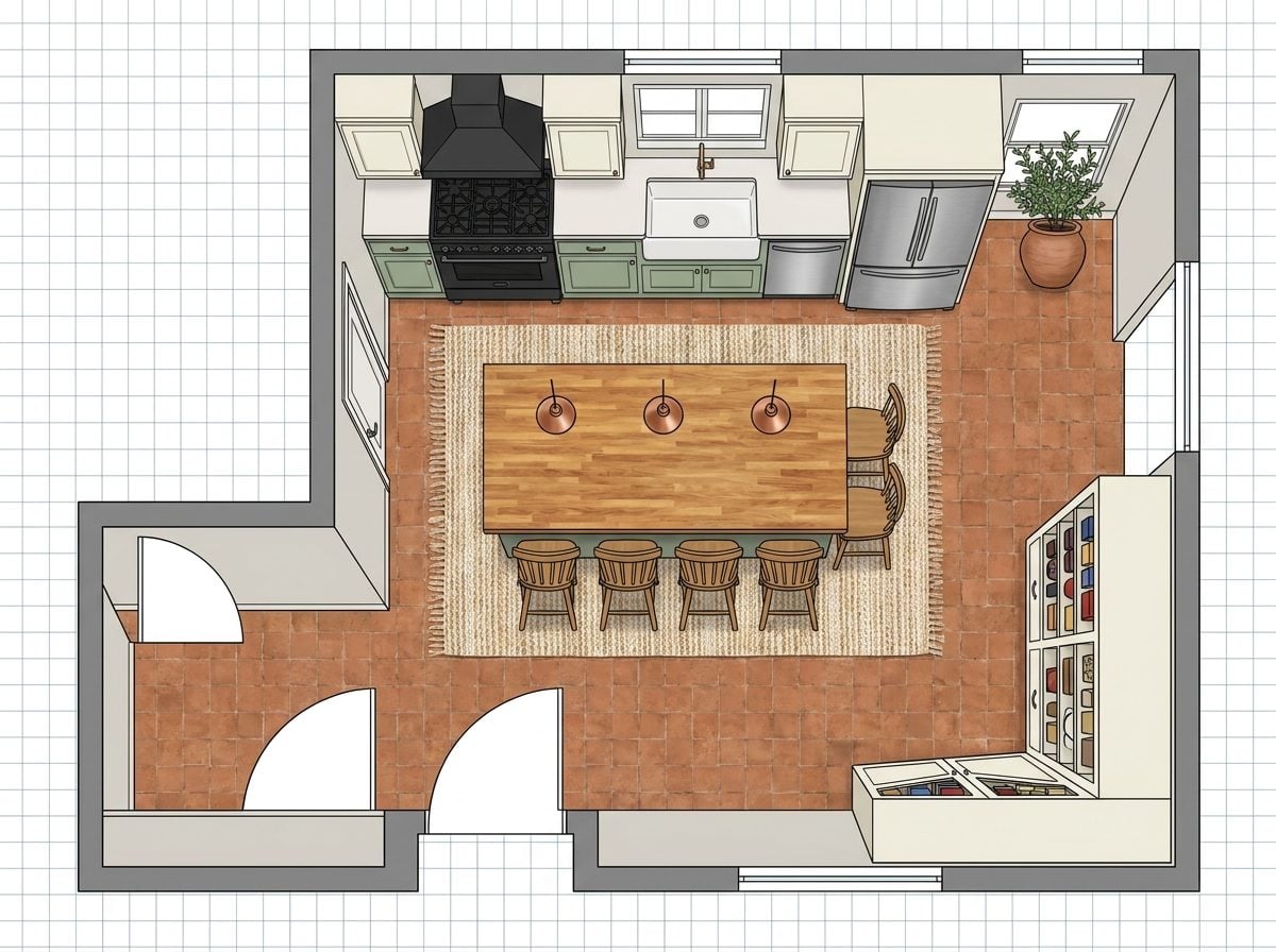 Farmhouse Kitchen with Butcher Block Island Counter and Freestanding Pantry Armoire
