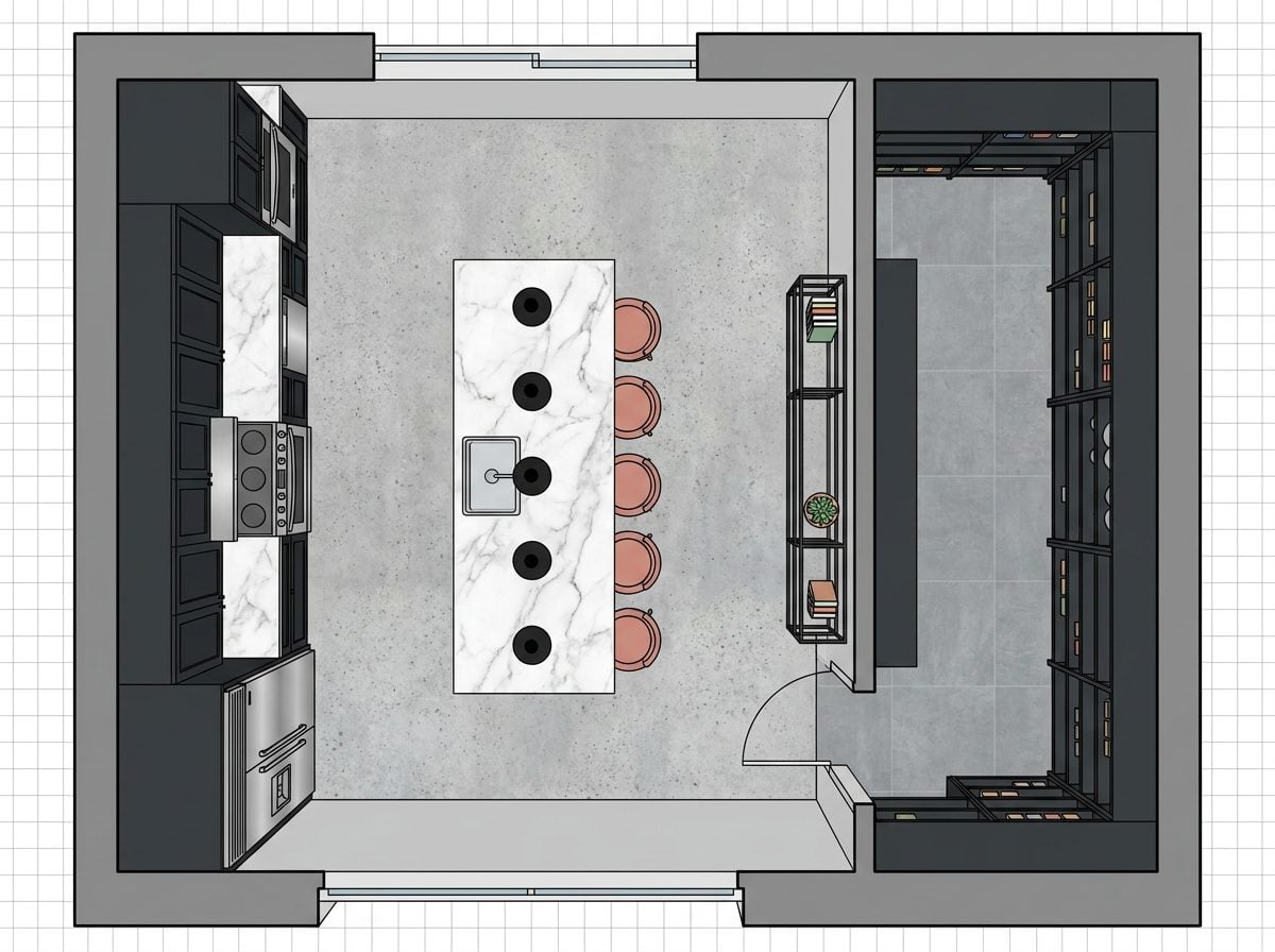 Galley-Style Diner Kitchen with Pass-Through Island and Corner Walk-In Pantry