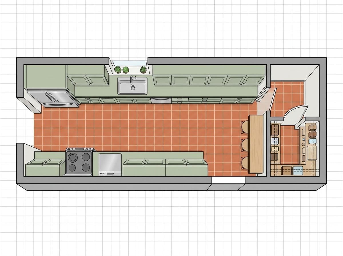 Narrow Galley Kitchen with Extended Diner Bar and Walk-In Pantry at the Far End