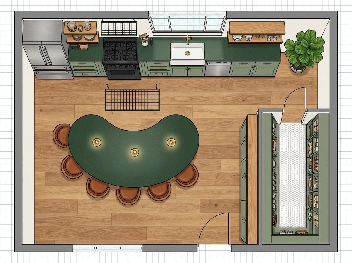 Open-Plan Kitchen with Curved Diner Counter, Dedicated Pantry Hall, and Garden Window Wall
