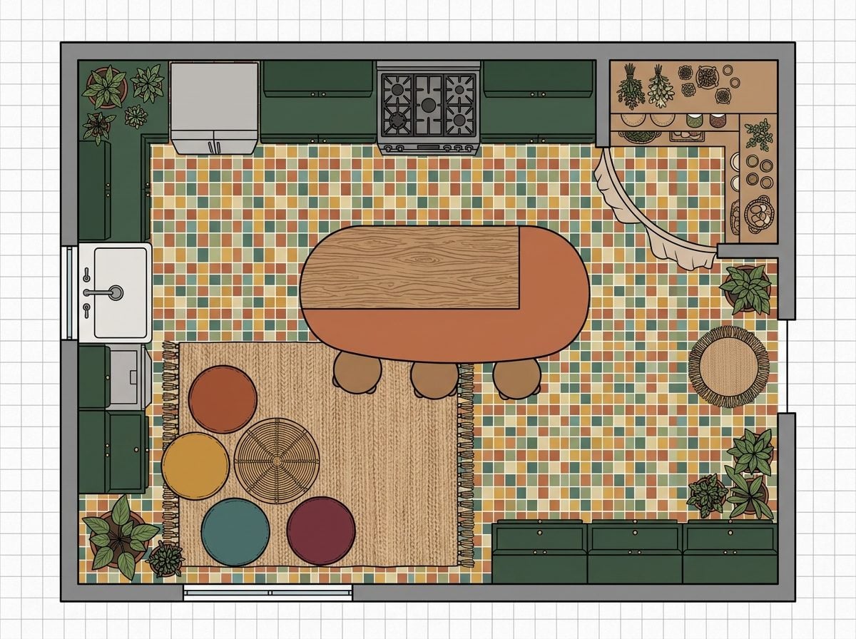 Bohemian Open Kitchen with Curved Island, Floor Cushion Seating Zone, and Pantry Behind Curtain Wall