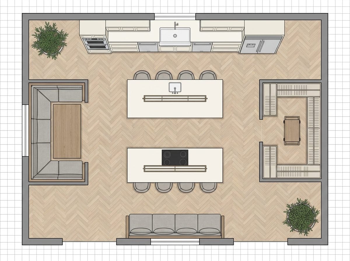 Symmetrical Double-Island Kitchen with Centered Pantry Corridor and Diner Banquette Alcove