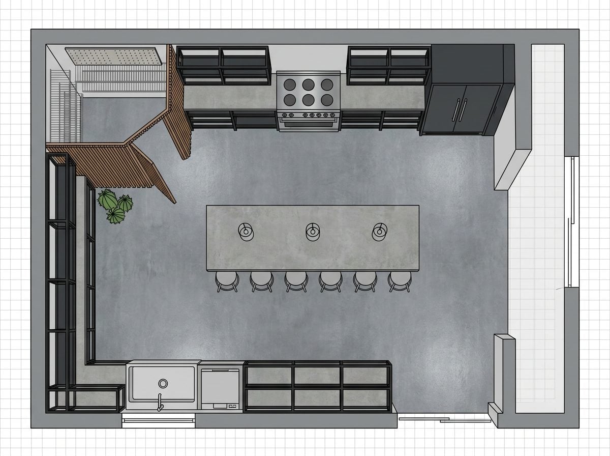 Open-Plan Loft Kitchen with Floating Diner Island Bar, Walk-In Pantry Behind Slatted Screen, and Concrete Everything