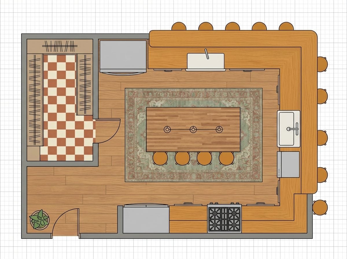 Wraparound Diner Counter with Corner Walk-In Pantry and Prep Island