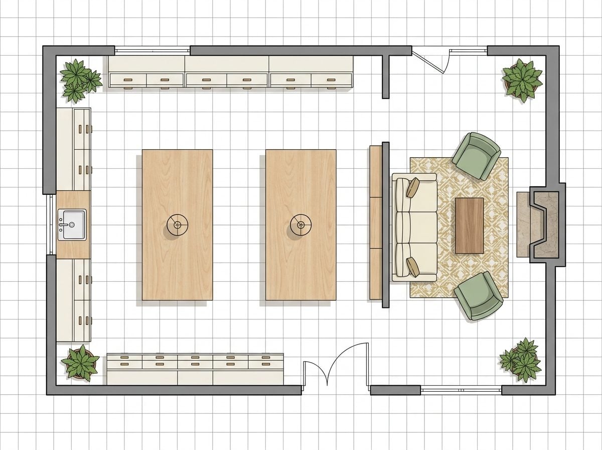 Symmetrical Luxury Craft Studio with Dual Worktables, Wash Sink, and Fireplace Lounge
