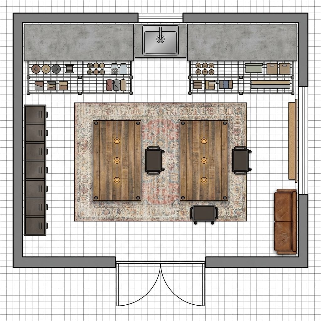 Industrial Chic Craft Studio with Metal Pipe Shelving, Concrete Counters, and Rolling Tool Carts