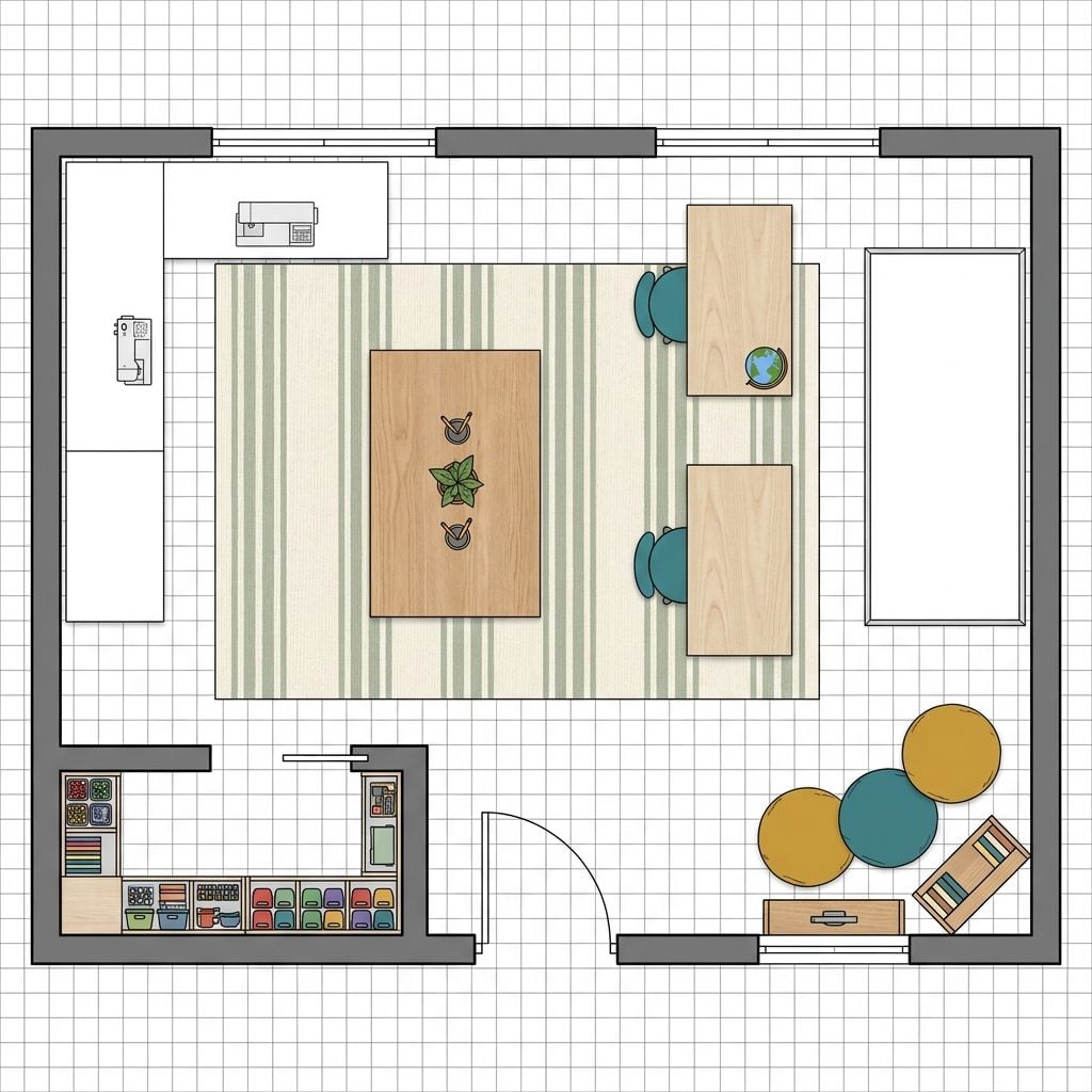 Dual-Purpose Craft and Homeschool Room with Teaching Wall, Student Desks, and Hidden Supply Pantry