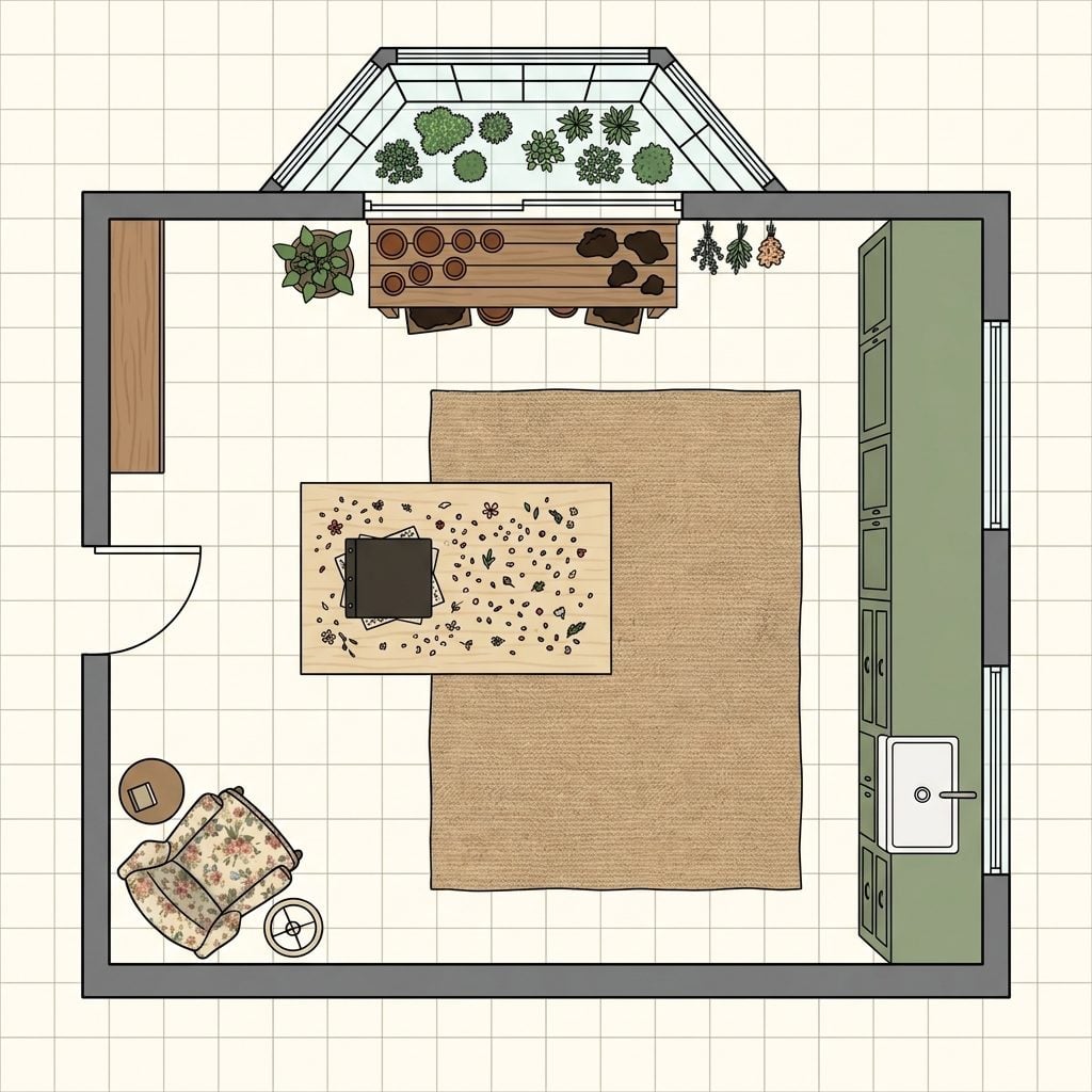 Botanical-Inspired Craft Room with Greenhouse Window Bay, Potting Bench, and Dried Flower Pressing Station