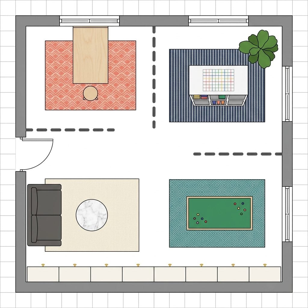 Modular Craft Room with Moveable Wall Partitions, Fold-Down Tables, and Reconfigurable Zones