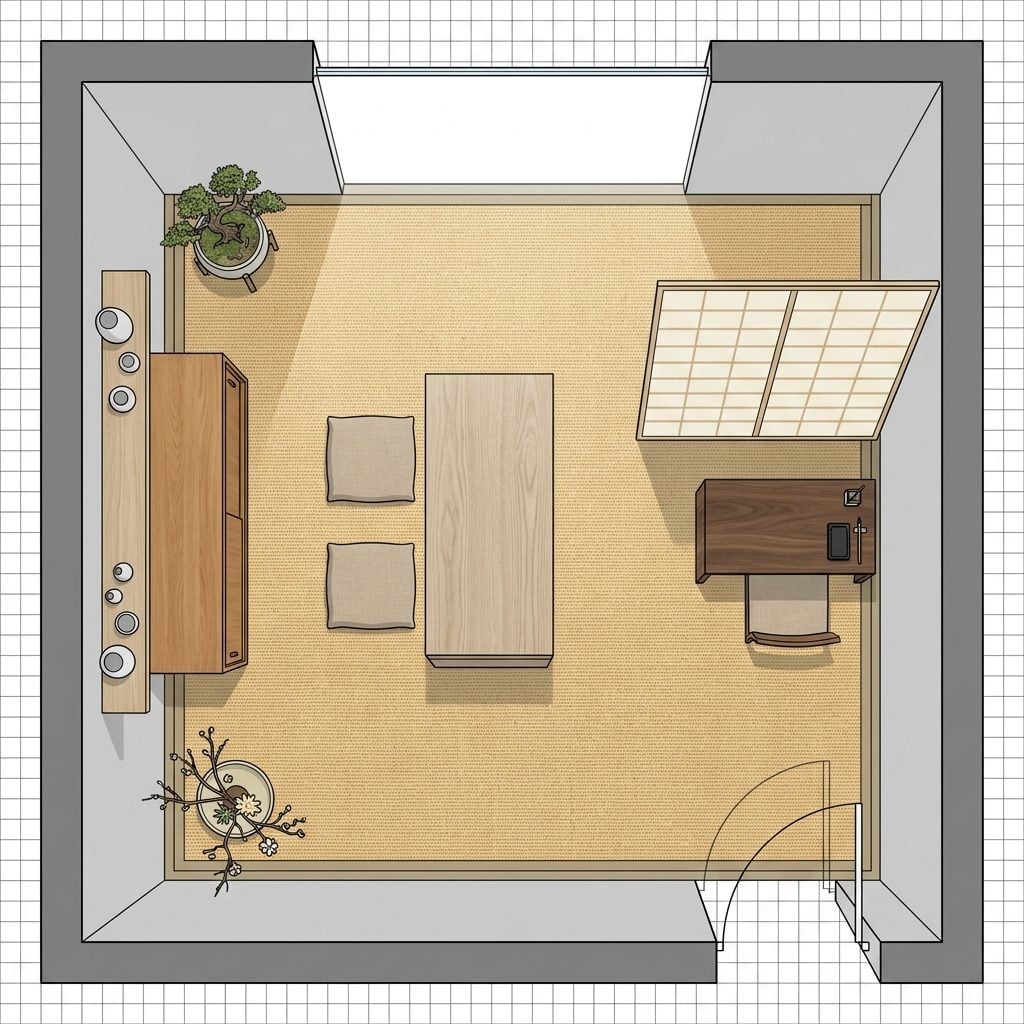 Serene Japandi Craft Room with Low Platform Workbench, Shoji Screen Divider, and Ink Calligraphy Corner