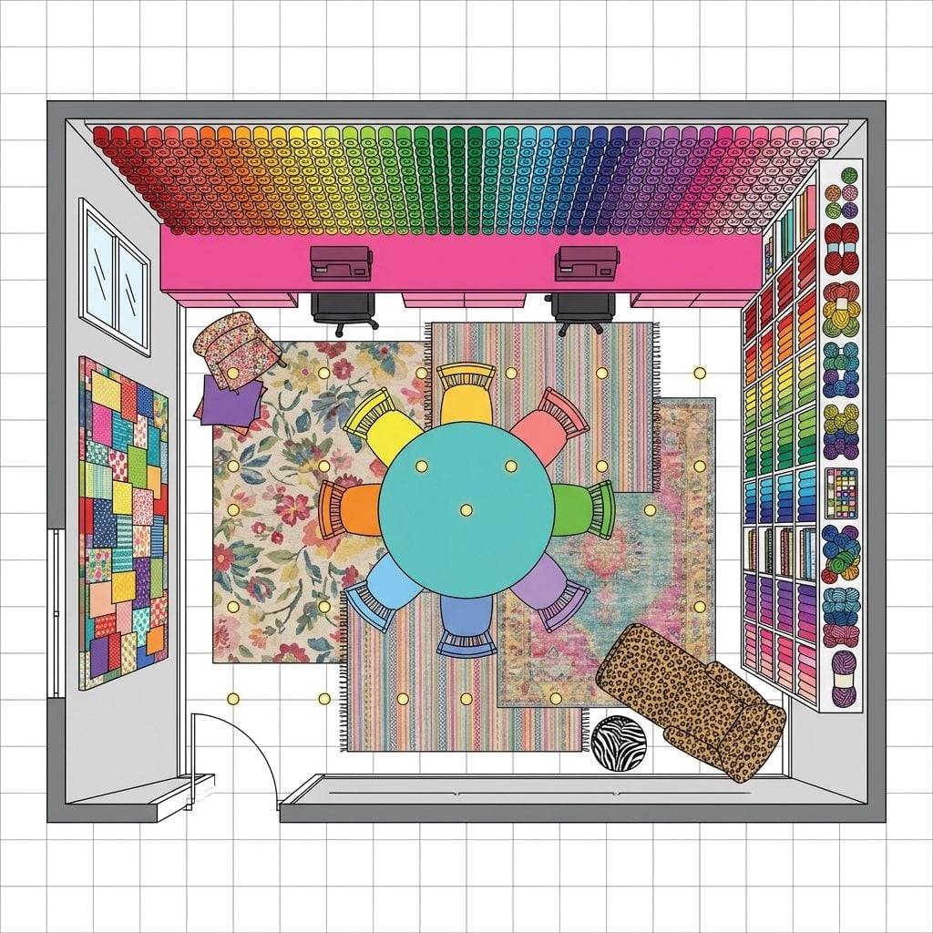 Colorful Maximalist Craft Room with Rainbow Thread Wall, Pattern Mixing, and Whimsical Lighting Grid