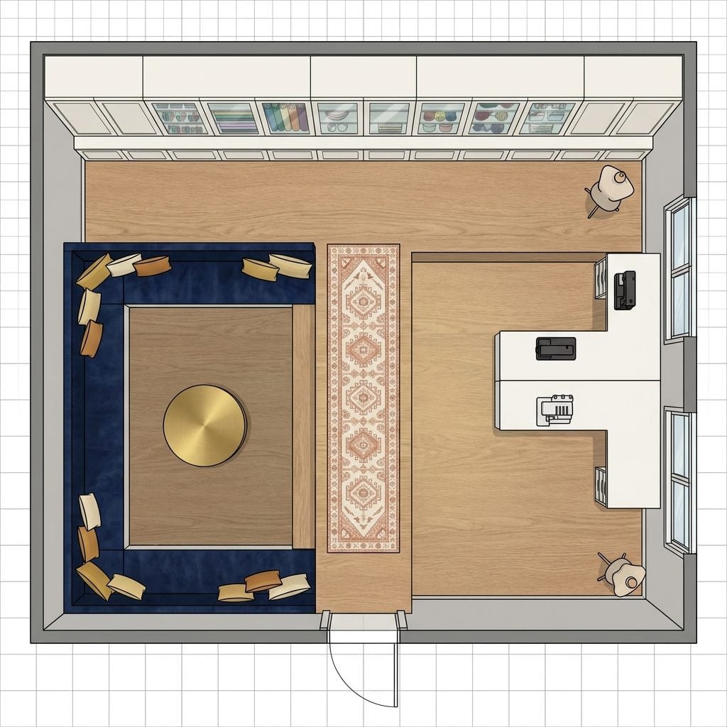 Split-Level Craft Room with Raised Sewing Platform, Sunken Lounge Pit, and Bridge Walkway Between Zones