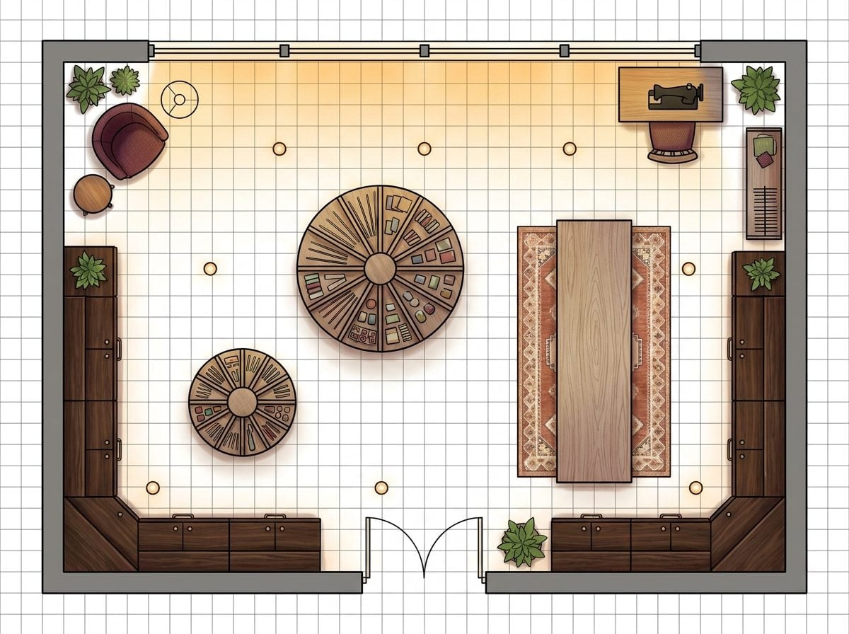 Stained Wood Cabinetry Craft Room with Knitting Corner, Sewing Nook, and Clerestory Light