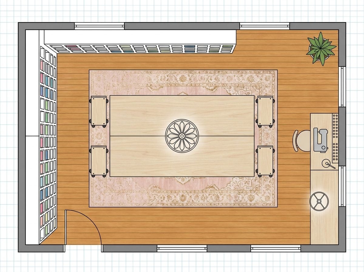Scrapbook and Sewing Room with Giant Cutting Island, Rolling Carts, and Custom Paper Storage Wall