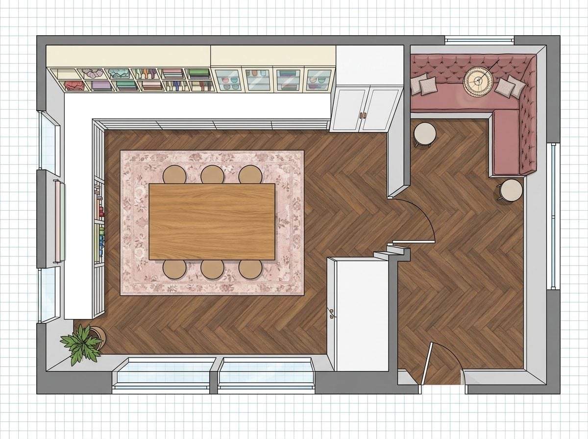 Upscale Craft Retreat with Built-In Wrapping Counters, Hidden Printer Cabinet, and Cozy Sitting Alcove