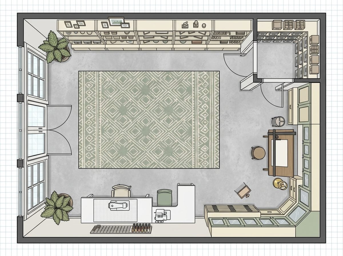 Luxury Hobby Suite Combining Art Studio, Sewing Station, Project Display Shelving, and Inventory Closet