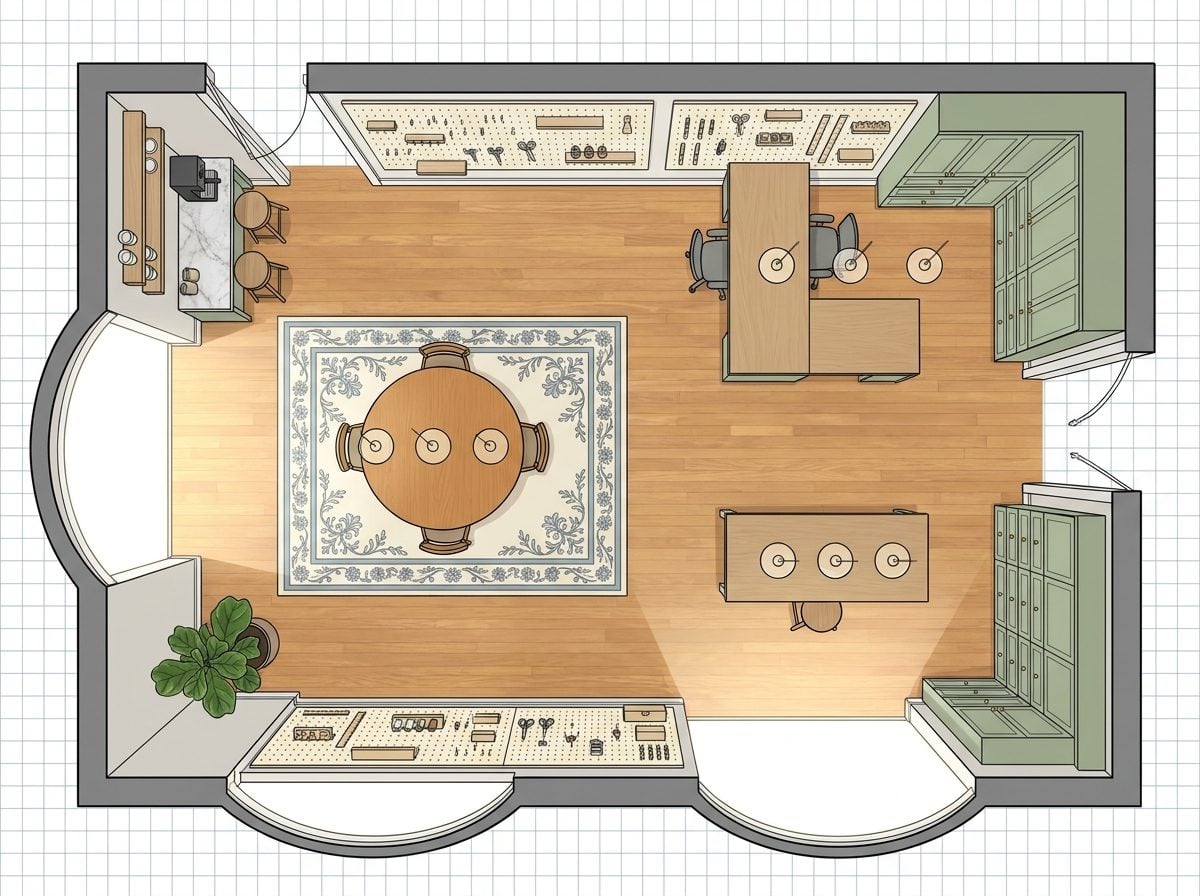 Multi-Pod Craft Room with Wall Organization Systems, Coffee Station, and Arched Window Light