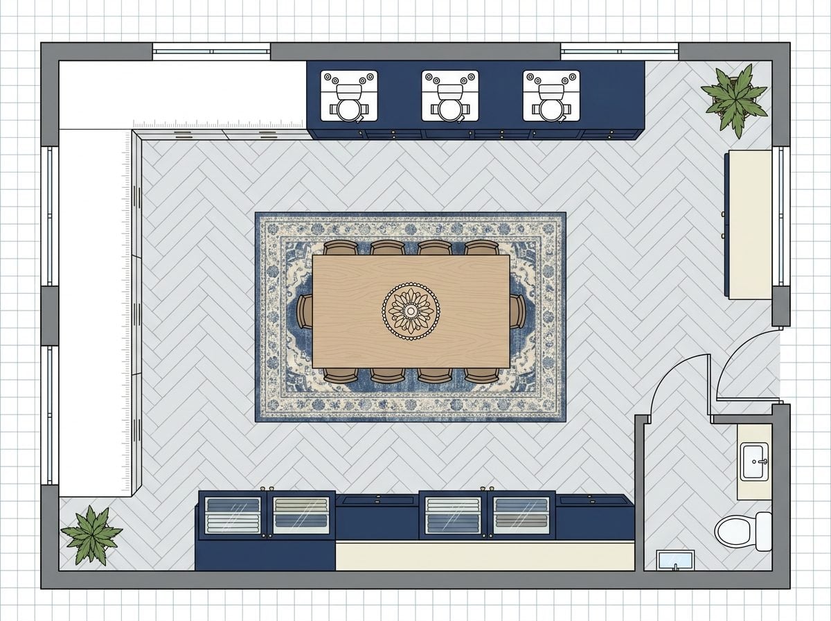 Sewing and Quilting Studio with Fabric Cutting Counter, Embroidery Machine Wall, and Private Powder Room