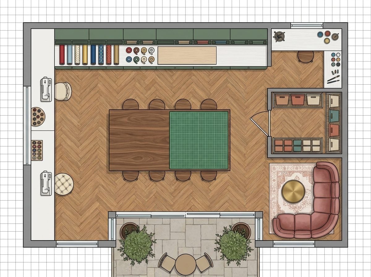 The Grand Craft Mansion Room: Multi-Zone Layout with Center Island, Gift Wrapping Wall, Inventory Suite, and Courtyard Access