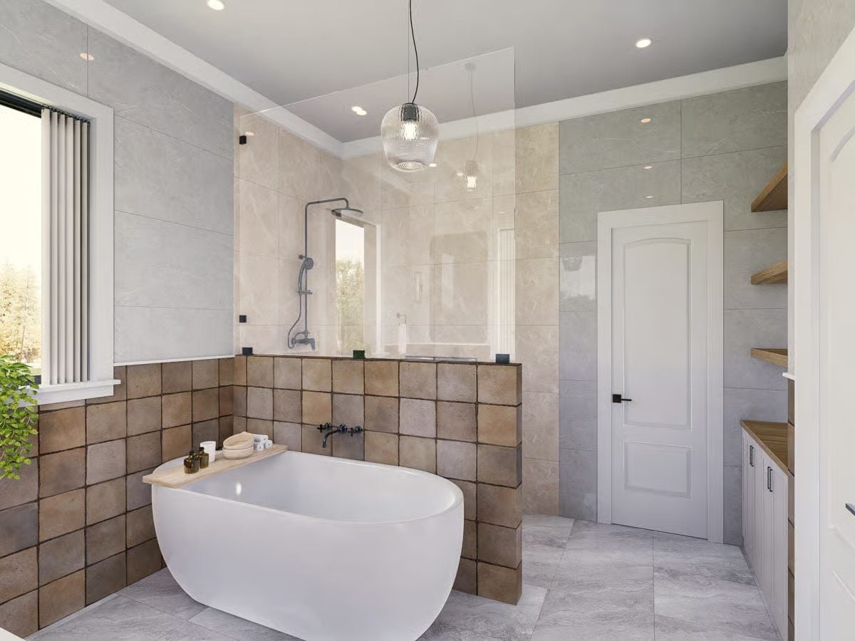 Terracotta Tile Half-Wall Bridges a Freestanding Tub and an Open Shower
