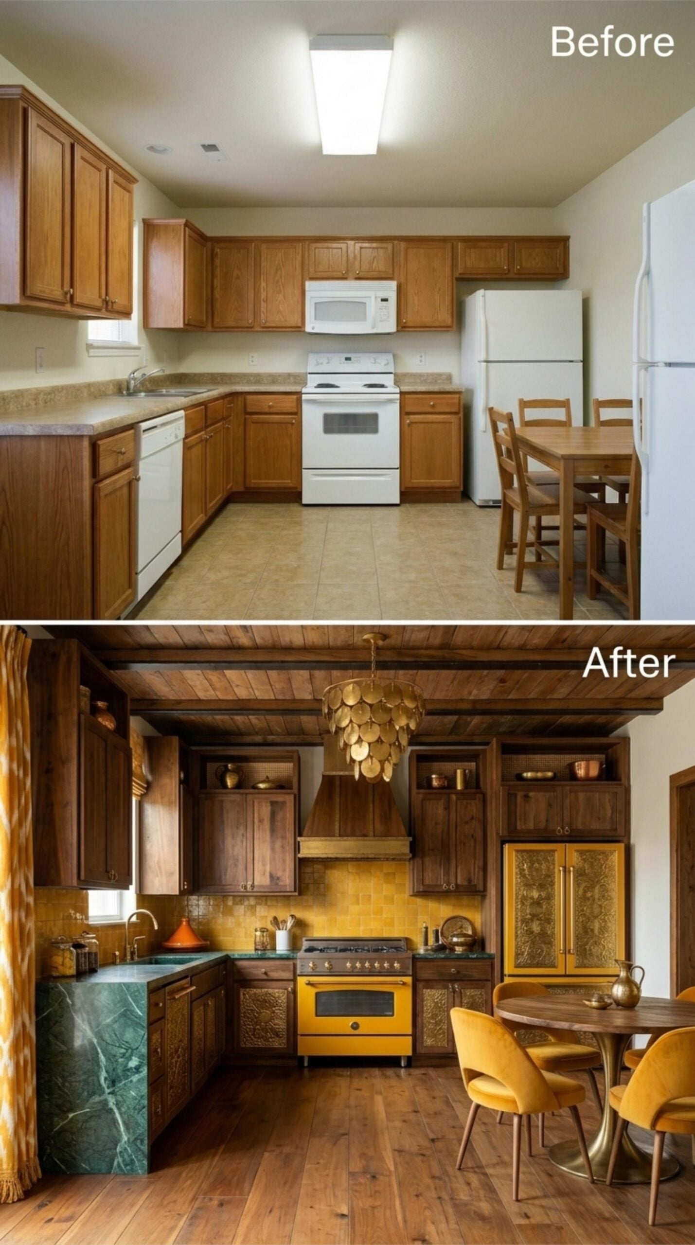 Dark Walnut Cabinetry, a Yellow Range That Commits Fully, and Green Marble That Anchors the Sink