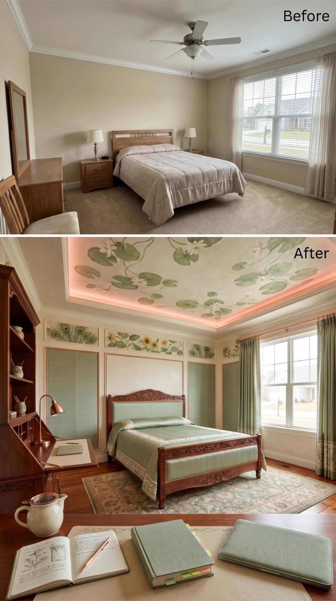 Waterlily Ceiling Mural, Sage Upholstered Bed, and Built-In Shelves That Pull Real Weight