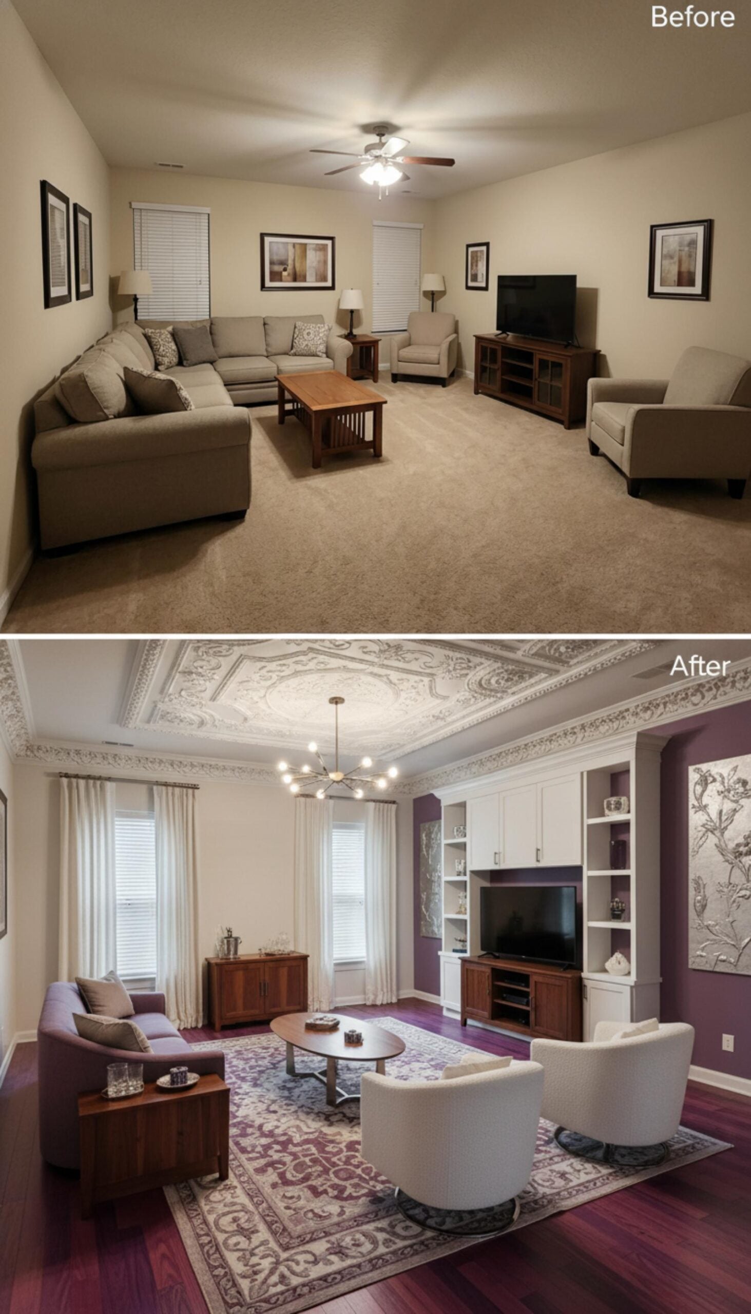 Ornate Ceiling Medallion, Sputnik Chandelier, and Built-Ins Backed in Plum