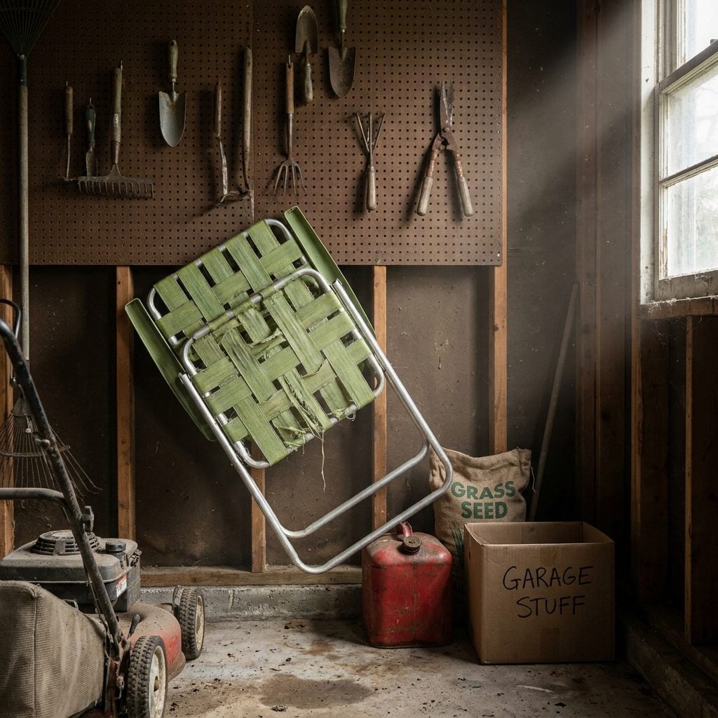 The Avocado-Green Lawn Chair Folded Awkwardly Against the Garage Wall