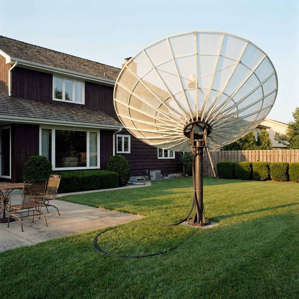 A Giant Satellite Dish Beginning to Appear in Upscale Neighborhoods Late in the Decade