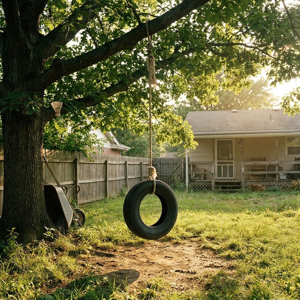 A Tire Swing Hanging from the Biggest Tree in the Yard