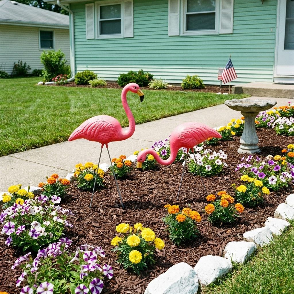 Plastic Pink Flamingos Standing Proudly Near the Flower Beds